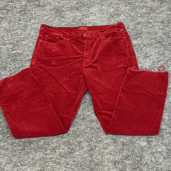 MOTHER Pants - MOTHER Insider Crop Step Fray Red Corduroy Raw Hem Straight Leg Pants